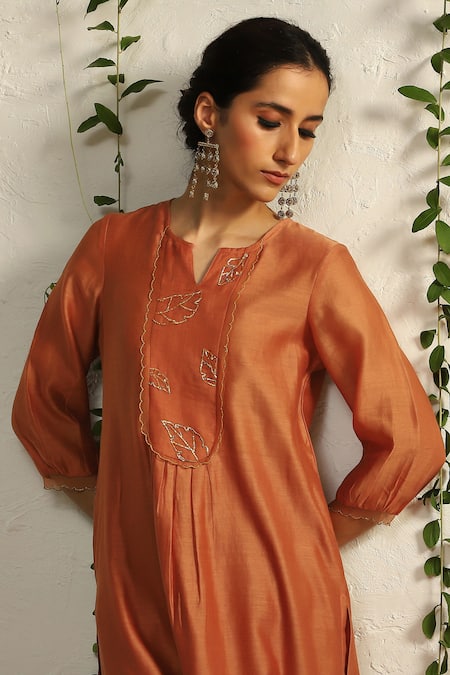 Charkhee Orange Chanderi, , Satin Embroidery Zari And Nakshi Kurta Pant Set at Aza Fashions Charkhee_Orange Chanderi, , Satin Embroidery Zari And Nakshi Kurta Pant Set _at_Aza_Fashions