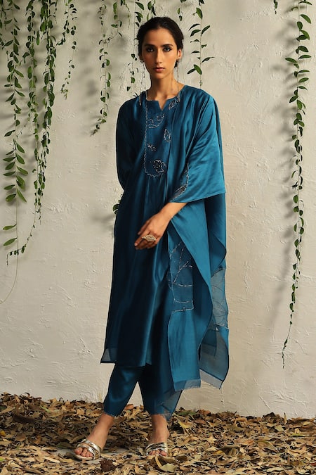 Charkhee_Blue Chanderi, Satin, Embroidery Split Kurta Pant Set With Dupatta _Online_at_Aza_Fashions