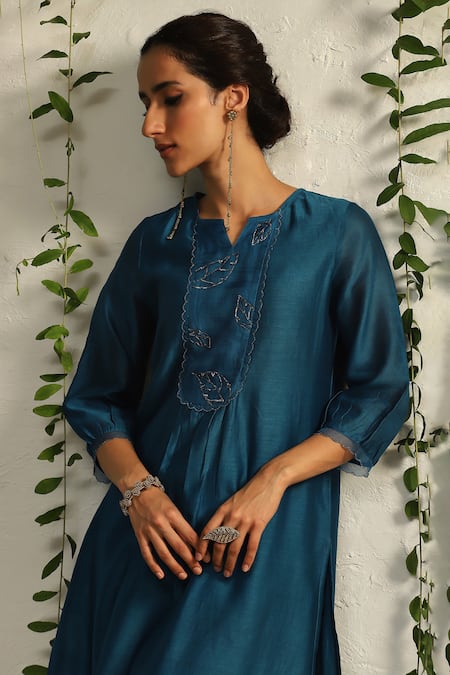 Buy_Charkhee_Blue Chanderi, Satin, Embroidery Split Kurta Pant Set With Dupatta _Online_at_Aza_Fashions