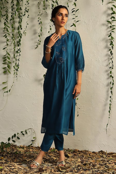 Shop_Charkhee_Blue Chanderi, Satin, Embroidery Split Kurta Pant Set With Dupatta _Online_at_Aza_Fashions