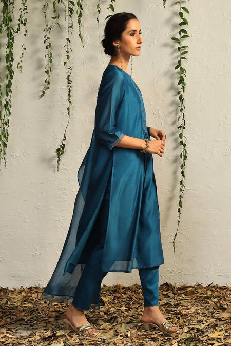 Buy_Charkhee_Blue Chanderi, Satin, Embroidery Split Kurta Pant Set With Dupatta 