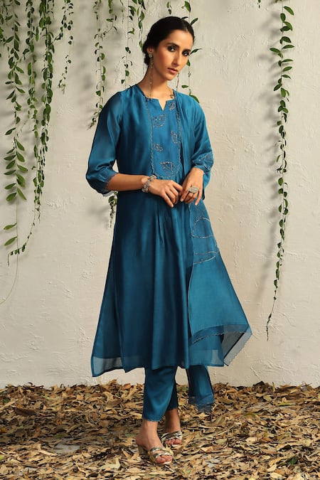 Shop_Charkhee_Blue Chanderi, Satin, Embroidery Split Kurta Pant Set With Dupatta 