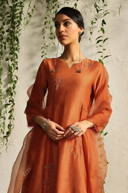 Shop_Charkhee_Orange Chanderi, Cotton Satin, Organza Embroidery Zari And Nakshi Kurta Pant Set _Online_at_Aza_Fashions