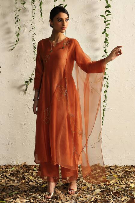 Charkhee_Orange Chanderi, Cotton Satin, Organza Embroidery Zari And Nakshi Kurta Pant Set _at_Aza_Fashions