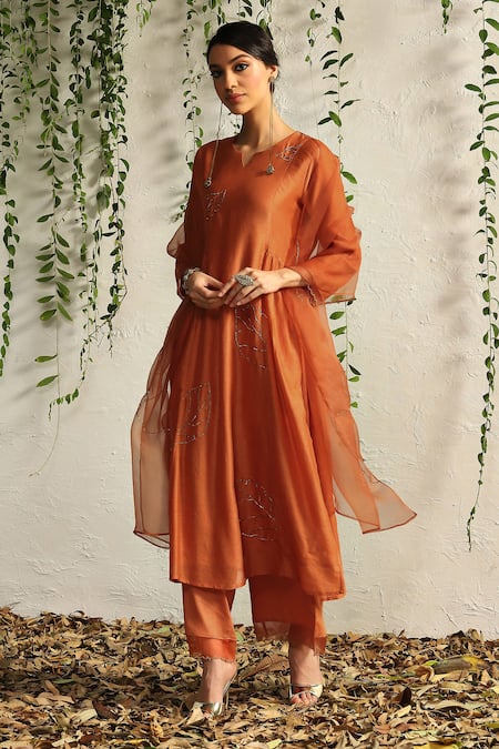 Shop_Charkhee_Orange Chanderi, Cotton Satin, Organza Embroidery Zari And Nakshi Kurta Pant Set 