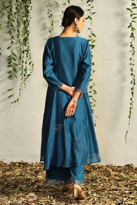 Shop Charkhee Blue Chanderi, Cotton Satin, Organza Nakshi And Zari Work Kurta Pant Set at Aza Fashions Shop_Charkhee_Blue Chanderi, Cotton Satin, Organza Nakshi And Zari Work Kurta Pant Set _at_Aza_Fashions