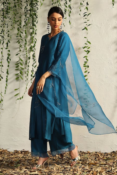 Shop Charkhee Blue Chanderi, Cotton Satin, Organza Nakshi And Zari Work Kurta Pant Set Online at Aza Fashions Shop_Charkhee_Blue Chanderi, Cotton Satin, Organza Nakshi And Zari Work Kurta Pant Set _Online_at_Aza_Fashions