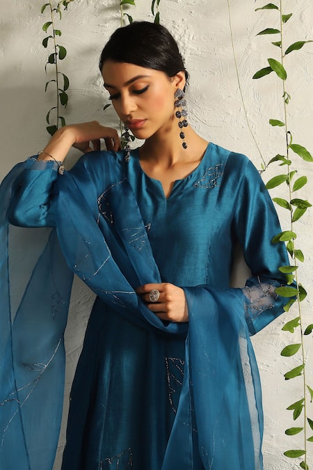 Charkhee Blue Chanderi, Cotton Satin, Organza Nakshi And Zari Work Kurta Pant Set at Aza Fashions Charkhee_Blue Chanderi, Cotton Satin, Organza Nakshi And Zari Work Kurta Pant Set _at_Aza_Fashions