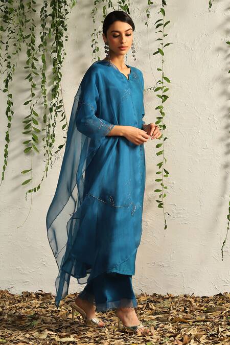 Buy Charkhee Blue Chanderi, Cotton Satin, Organza Nakshi And Zari Work Kurta Pant Set Buy_Charkhee_Blue Chanderi, Cotton Satin, Organza Nakshi And Zari Work Kurta Pant Set