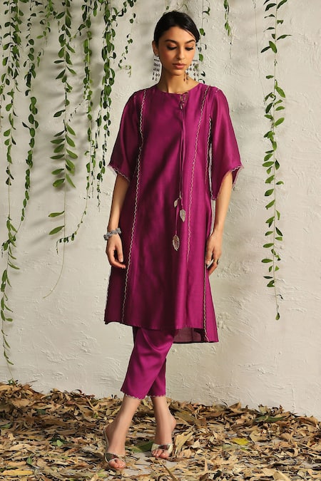 Charkhee_Pink Chanderi, Satin, Embroidery Nakshi And Zari Kurta Pant Set _Online_at_Aza_Fashions