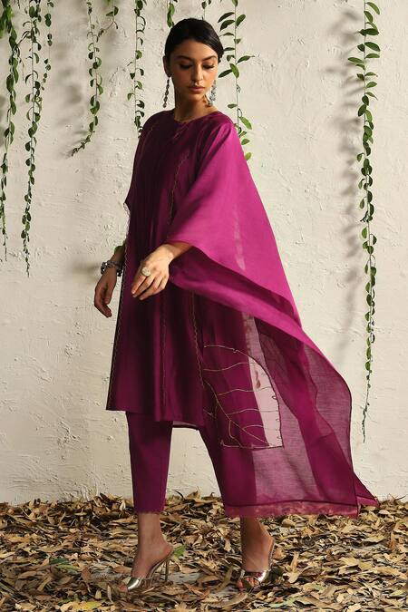 Charkhee_Pink Chanderi, Satin, Embroidery Nakshi And Zari Kurta Pant Set _at_Aza_Fashions