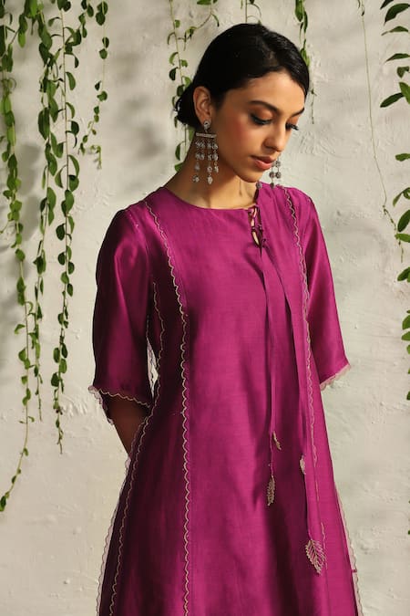 Buy_Charkhee_Pink Chanderi, Satin, Embroidery Nakshi And Zari Kurta Pant Set 