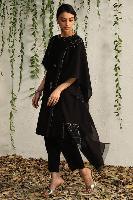 Shop_Charkhee_Black Chanderi, Cotton Satin Embroidery Round Nakshi And Zari Work Kurta Pant Set _Online_at_Aza_Fashions