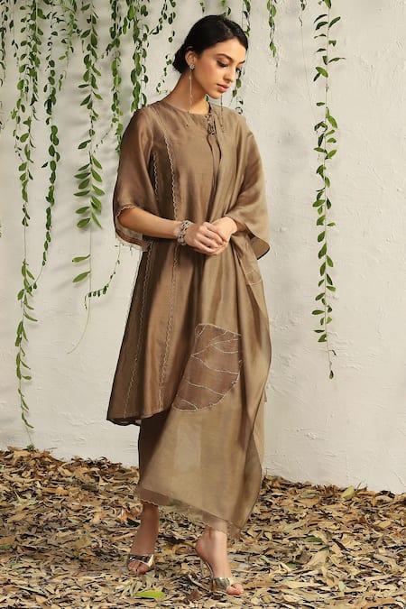Buy_Charkhee_Brown Kurta And Dupatta Chanderi Embroidered Nakshi Round Pant Set _Online_at_Aza_Fashions
