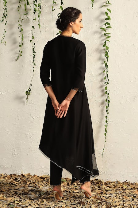 Shop Charkhee Black Chanderi, Cotton Satin, Organza Scallop And Leaf Pattern Kurta Pant Set at Aza Fashions Shop_Charkhee_Black Chanderi, Cotton Satin, Organza Scallop And Leaf Pattern Kurta Pant Set _at_Aza_Fashions
