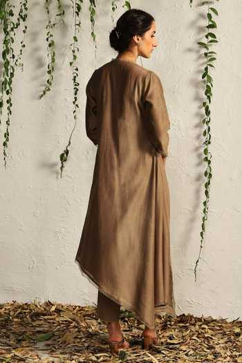Shop Charkhee Brown Chanderi, Cotton Satin, Organza, Scallop And Leaf Pattern Kurta Pant Set at Aza Fashions Shop_Charkhee_Brown Chanderi, Cotton Satin, Organza, Scallop And Leaf Pattern Kurta Pant Set _at_Aza_Fashions