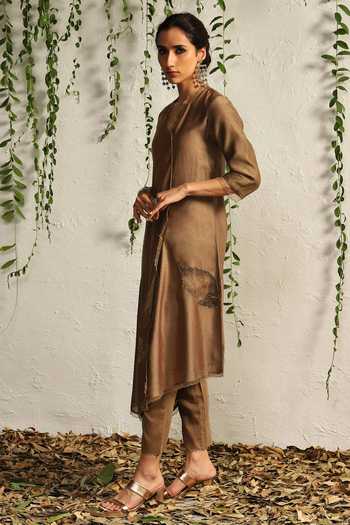 Charkhee Brown Chanderi, Cotton Satin, Organza, Scallop And Leaf Pattern Kurta Pant Set Online at Aza Fashions Charkhee_Brown Chanderi, Cotton Satin, Organza, Scallop And Leaf Pattern Kurta Pant Set _Online_at_Aza_Fashions