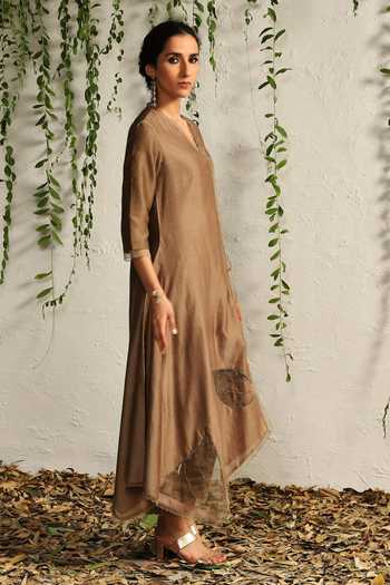 Charkhee Brown Chanderi, Cotton Satin, Organza, Scallop And Leaf Pattern Kurta Pant Set at Aza Fashions Charkhee_Brown Chanderi, Cotton Satin, Organza, Scallop And Leaf Pattern Kurta Pant Set _at_Aza_Fashions