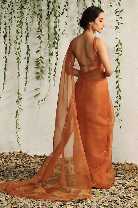 Shop Charkhee Orange Organza, Chanderi Embroidery V-neck Nakshi Work Saree With Blouse at Aza Fashions Shop_Charkhee_Orange Organza, Chanderi Embroidery V-neck Nakshi Work Saree With Blouse _at_Aza_Fashions