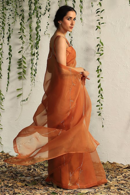 Charkhee Orange Organza, Chanderi Embroidery V-neck Nakshi Work Saree With Blouse Online at Aza Fashions Charkhee_Orange Organza, Chanderi Embroidery V-neck Nakshi Work Saree With Blouse _Online_at_Aza_Fashions