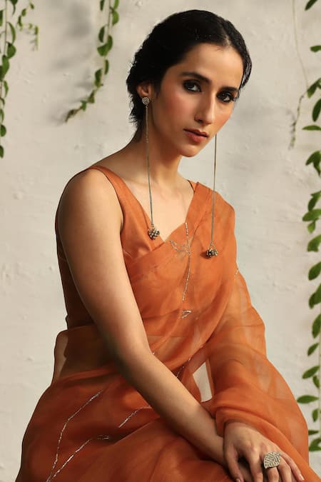 Shop Charkhee Orange Organza, Chanderi Embroidery V-neck Nakshi Work Saree With Blouse Online at Aza Fashions Shop_Charkhee_Orange Organza, Chanderi Embroidery V-neck Nakshi Work Saree With Blouse _Online_at_Aza_Fashions