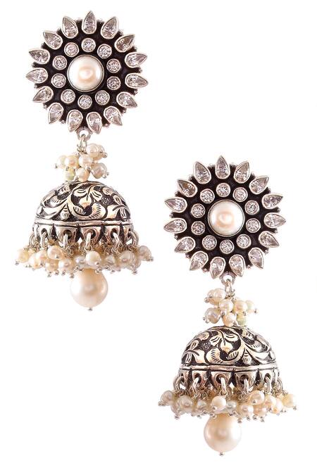 Shop Noor Silver Plated Pearls Drop Jhumkas at Aza Fashions Shop_Noor_Silver Plated Pearls Drop Jhumkas_at_Aza_Fashions