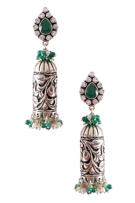 Shop_Noor_Silver Plated Stone Studded Jhumkas _at_Aza_Fashions