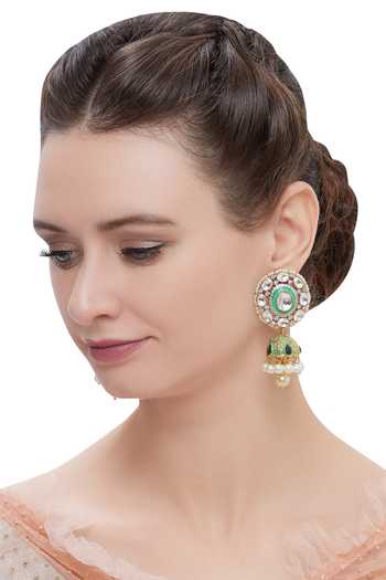 Buy Moh-Maya By Disha Khatri Gold Plated Beads, Diamonds, Metallic Thread Meenakari Kundan Jhumkas at Aza Fashions Buy_Moh-Maya By Disha Khatri_Gold Plated Beads, Diamonds, Metallic Thread Meenakari Kundan Jhumkas _at_Aza_Fashions