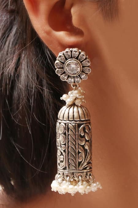 Buy | Silver Lookalike Floral Design Brass Jhumka Earring-Eepleberry