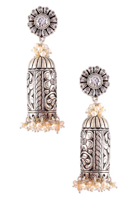 Shop_Noor_Silver Plated Stone Studded Jhumkas _at_Aza_Fashions
