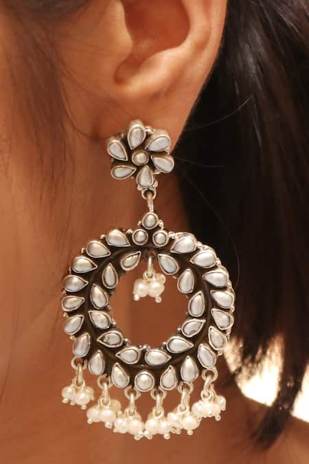 Noor Silver Plated Pearl Studded Danglers 