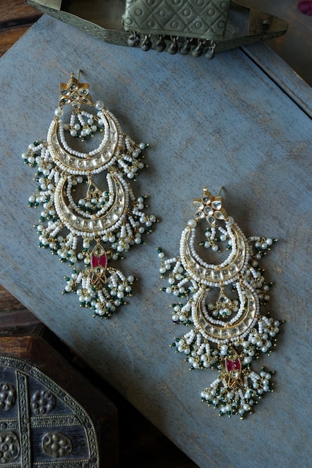Shop Paisley Pop Gold Plated Diamonds, Pearls Kundan Embellished Long Earrings at Aza Fashions Shop_Paisley Pop_Gold Plated Diamonds, Pearls Kundan Embellished Long Earrings _at_Aza_Fashions