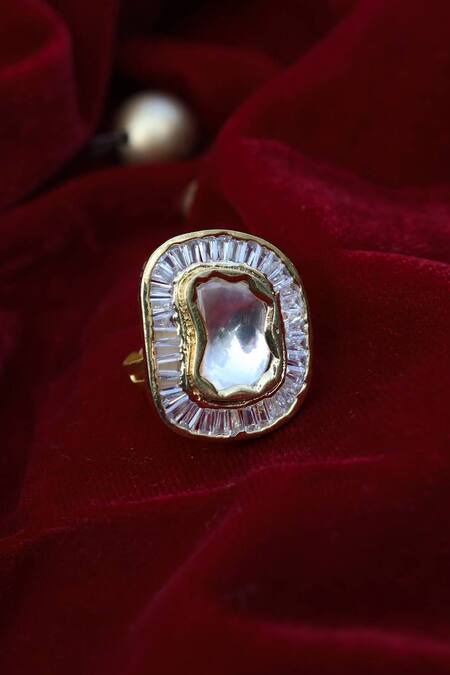 Shop Paisley Pop Gold Plated Baguette Handcrafted Polki Kundan Ring at Aza Fashions Shop_Paisley Pop_Gold Plated Baguette Handcrafted Polki Kundan Ring_at_Aza_Fashions