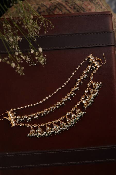 Shop_Paisley Pop_Gold Plated Pearls Kundan Embellished Braid Pin _at_Aza_Fashions