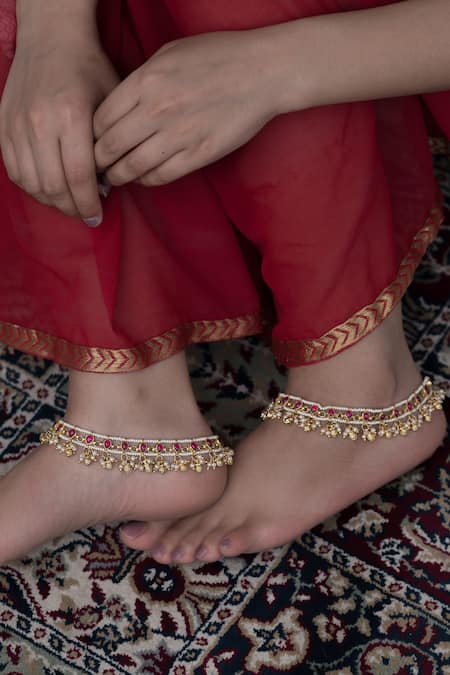 Paisley Pop Pink Kundan & Pearl Studded Anklets - Set Of 2 