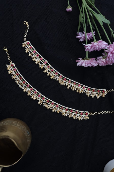 Shop Paisley Pop Gold Plated Pearls Pink Kundan And Studded Anklets - Set Of 2 at Aza Fashions Shop_Paisley Pop_Gold Plated Pearls Pink Kundan And Studded Anklets - Set Of 2 _at_Aza_Fashions