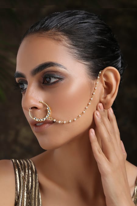 Paisley Pop Gold Plated Bead Kundan Nose Ring With Chain 