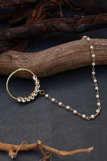Paisley Pop Gold Kundan Nose Ring with Bead Chain 