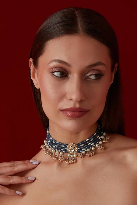 Buy Paisley Pop Blue Pearls, Kundan, Onyx Embellished Choker Necklace at Aza Fashions Buy_Paisley Pop_Blue Pearls, Kundan, Onyx Embellished Choker Necklace_at_Aza_Fashions