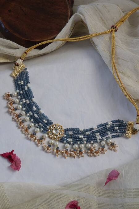 Shop Paisley Pop Blue Pearls, Kundan, Onyx Embellished Choker Necklace at Aza Fashions Shop_Paisley Pop_Blue Pearls, Kundan, Onyx Embellished Choker Necklace_at_Aza_Fashions