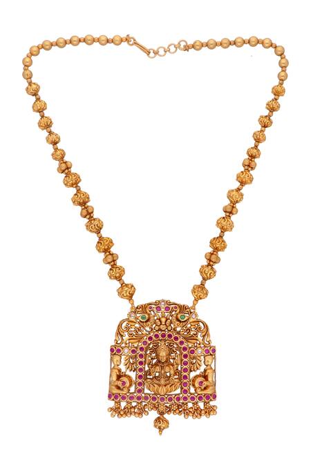 Curio Cottage_Gold Plated Temple, Embellished Carved Goddess Laxmi Pendant Necklace Set_Online_at_Aza_Fashions