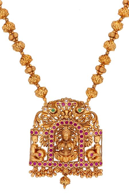 Buy_Curio Cottage_Gold Plated Temple, Embellished Carved Goddess Laxmi Pendant Necklace Set_Online_at_Aza_Fashions