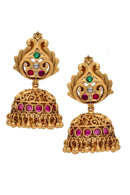 Shop_Curio Cottage_Gold Plated Temple, Embellished Carved Goddess Laxmi Pendant Necklace Set_Online_at_Aza_Fashions