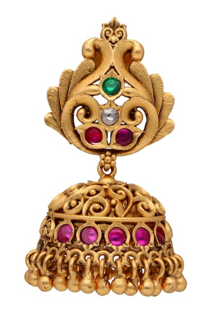 Curio Cottage_Gold Plated Temple, Embellished Carved Goddess Laxmi Pendant Necklace Set_at_Aza_Fashions