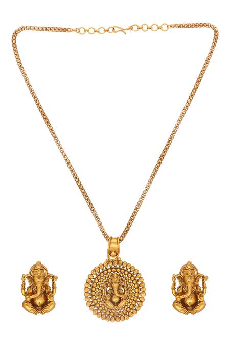 Buy_Curio Cottage_Gold Plated Temple Embellished Ganesha Necklace Set_Online_at_Aza_Fashions