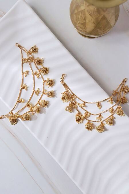 Shop Curio Cottage Gold Plated Pearls, Stones Embellished Jeweled Jhumki Ear Chains at Aza Fashions Shop_Curio Cottage_Gold Plated Pearls, Stones Embellished Jeweled Jhumki Ear Chains_at_Aza_Fashions