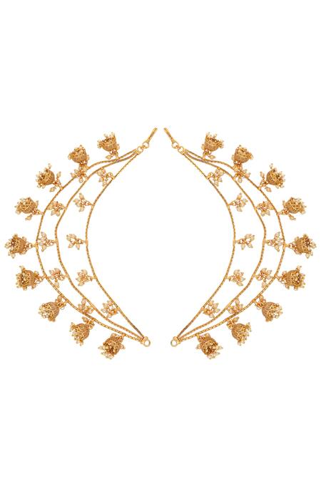 Curio Cottage Gold Plated Pearls, Stones Embellished Jeweled Jhumki Ear Chains Online at Aza Fashions Curio Cottage_Gold Plated Pearls, Stones Embellished Jeweled Jhumki Ear Chains_Online_at_Aza_Fashions