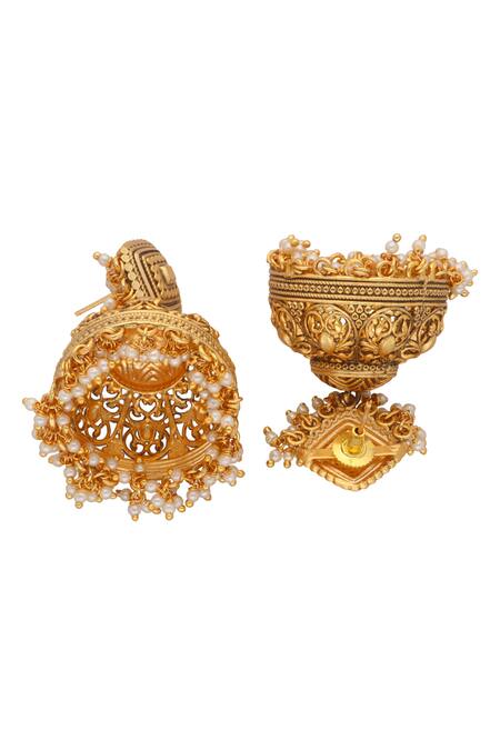 Buy_Curio Cottage_Gold Plated Embellished Handcrafted Carved Jhumka_Online_at_Aza_Fashions