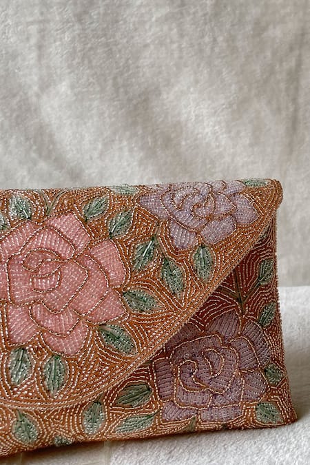 Kreivo By Vamanshi Damania_Gold Beads Silk Embellished Envelope Bag _Online_at_Aza_Fashions