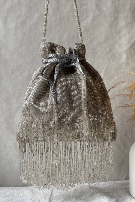 Kreivo By Vamanshi Damania_Silver Cutdana Silk Embellished Potli Bag_Online_at_Aza_Fashions